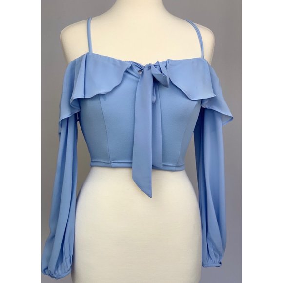 Baby Blue Open Shoulder Cropped Top - Picture 4 of 5